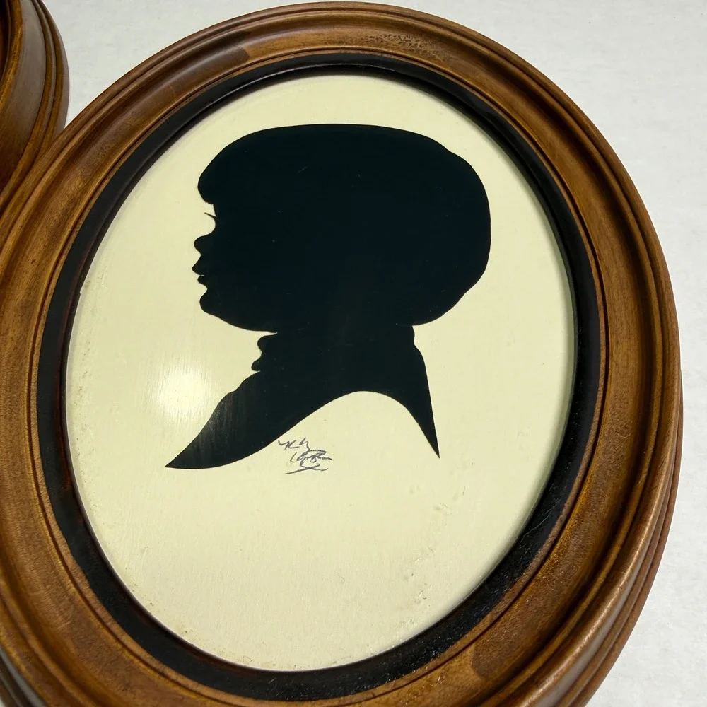 Vintage Pair Silhouette Profile Portraits Boy and Girl Oval Wood Frames Signed